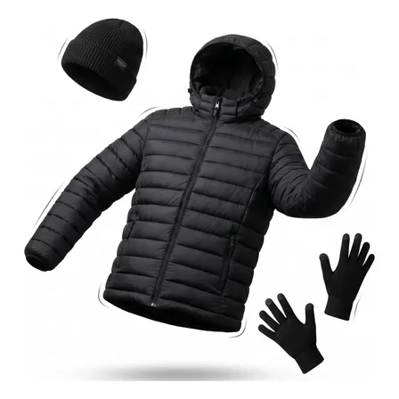Kit Jaqueta Puffer Frio Intenso Impermeável Com Touca E Luva Preto G Liso