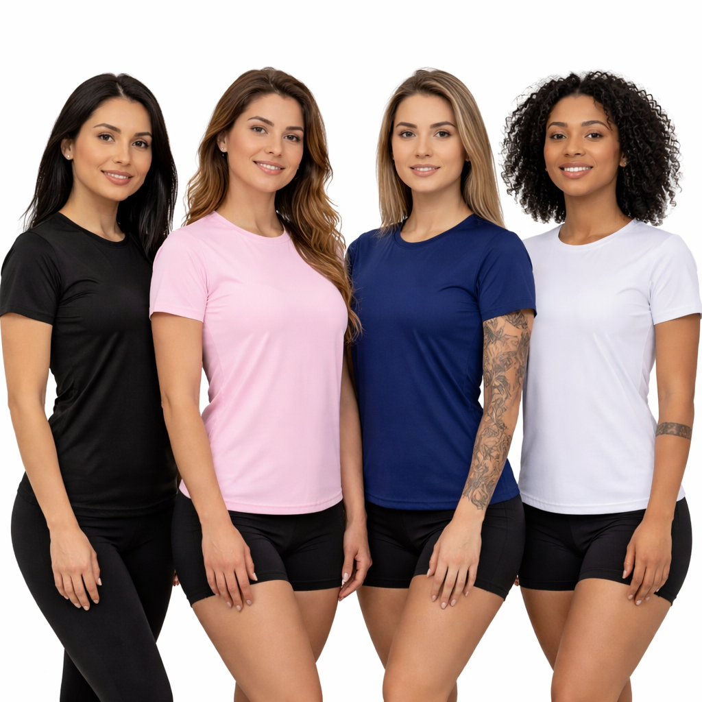 Camiseta Femininas Kit com 4 Dry Fit Treino Academia Corrida Camiseta Esporte Proteção Solar UV Kit Cores
