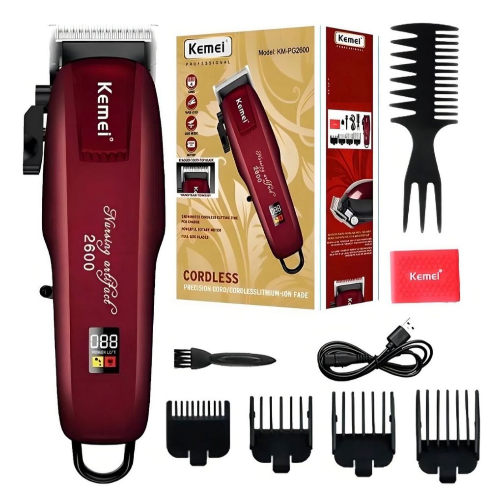 Máquina de cortar cabelo profissional sem fio recarregável original Kemei PG2600 com visor LCD - Bivolt