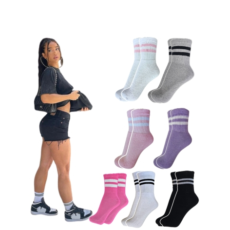 Meia Feminina Academia Kit 05 Pares Confortável com Listras Ótima para Frio e Exercicios