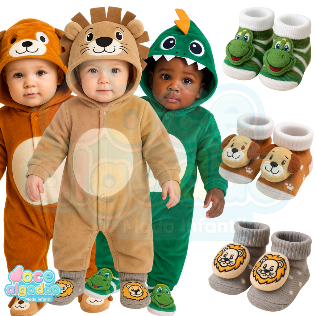 Conjunto De Macacão Temático De Bichinhos Em Plush 3d Com Pantufa Lúdica