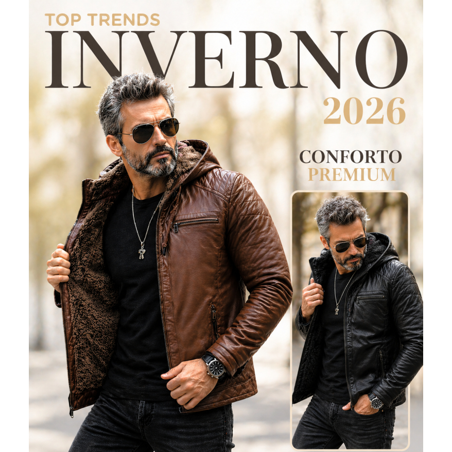Jaqueta Couro Forrada masculina Casaco Inverno com Capuz removivel Motoqueiro Premium
