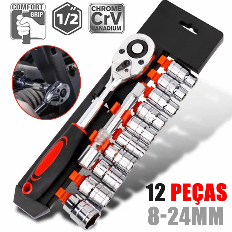 Jogo De Soquete 8 A 24MM Com 1/2" Chave Catraca 12 Peças CRV Reversivel