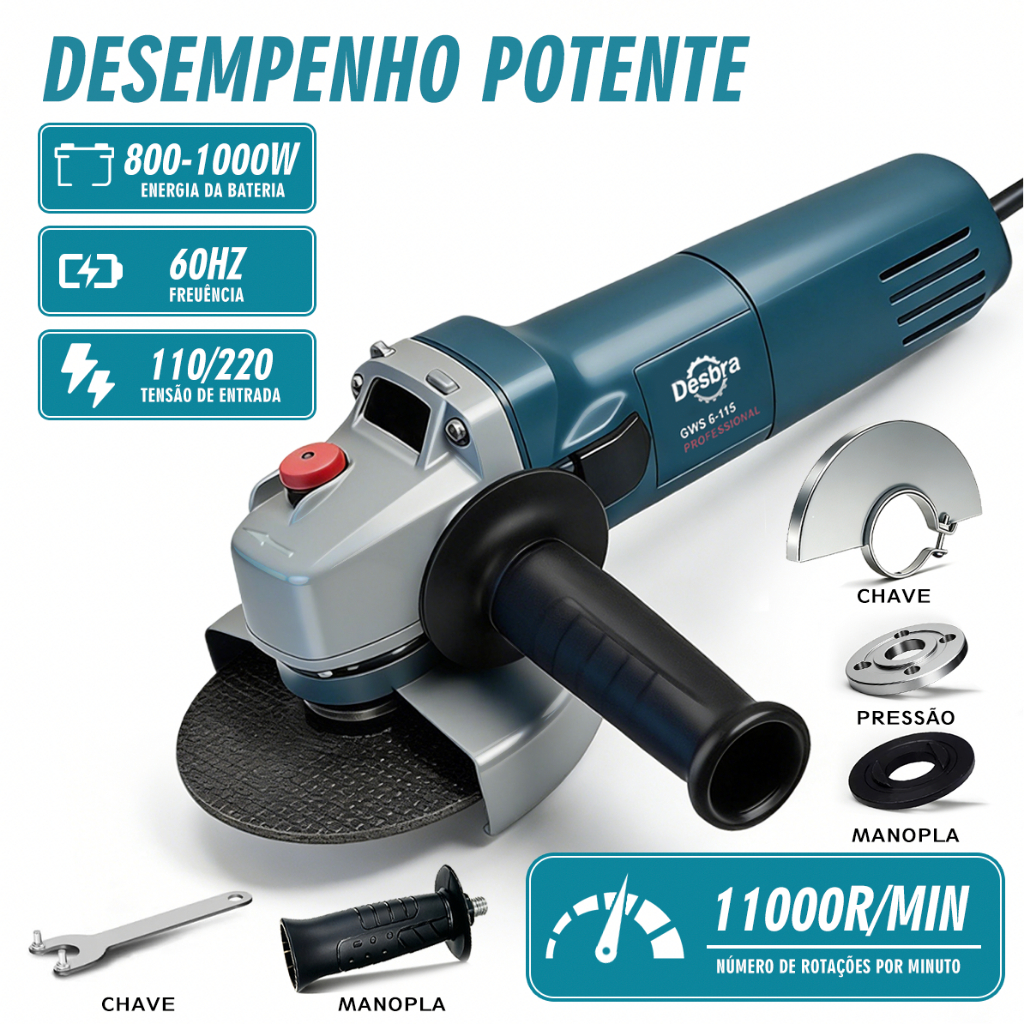 Esmerilhadeira Angular Profissional Kit Completo Bivolt 11000RPM 110V/220V Multifunção Cortar Lixar Polir