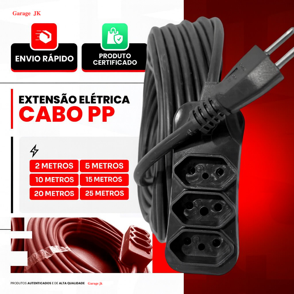 Extensão Elétrica Cabo PP 2/5/10/15/20/25 Metros Reforçada 2x2.5mm 10/20A Cor Preto Bivolt 127/220V