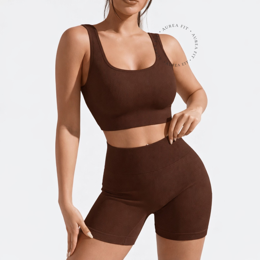 Conjunto Fitness Feminino Short Canelado Sem Costura com Top Bojo Removível Costas Nadador Academia Treino Yoga