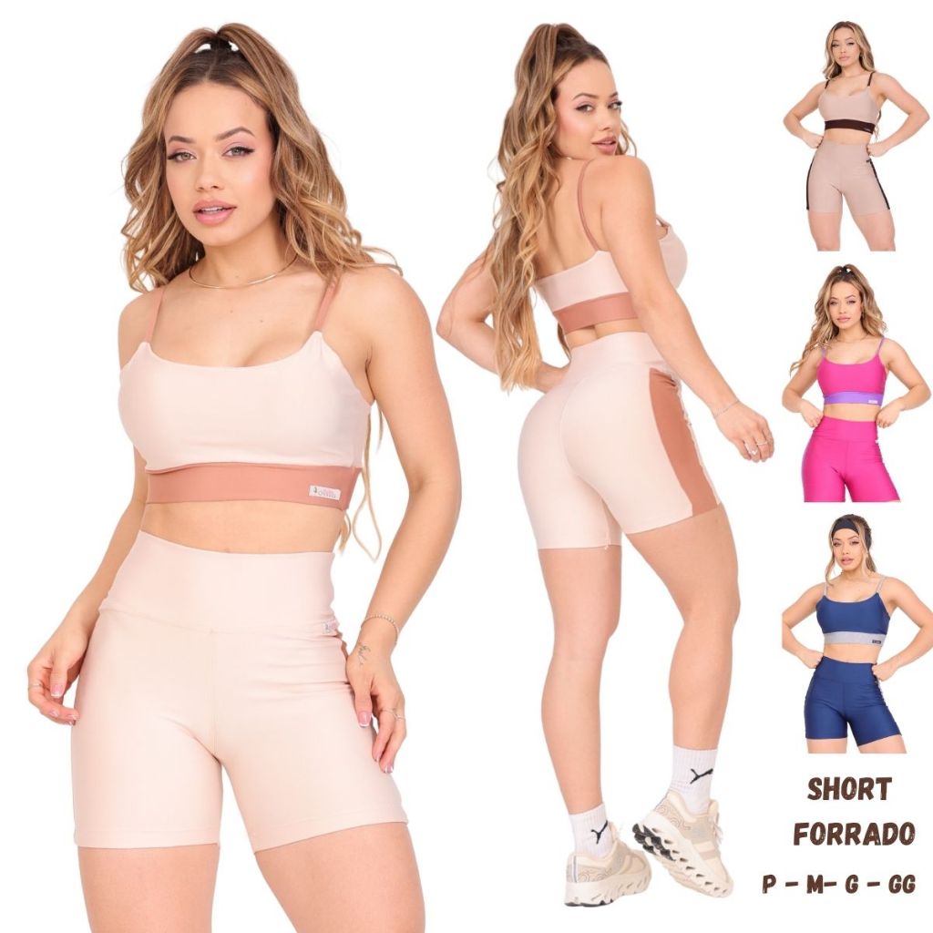Conjunto Fitness Feminino Top com Bojo Short Forrado Cintura Alta Zero Transparência Academia