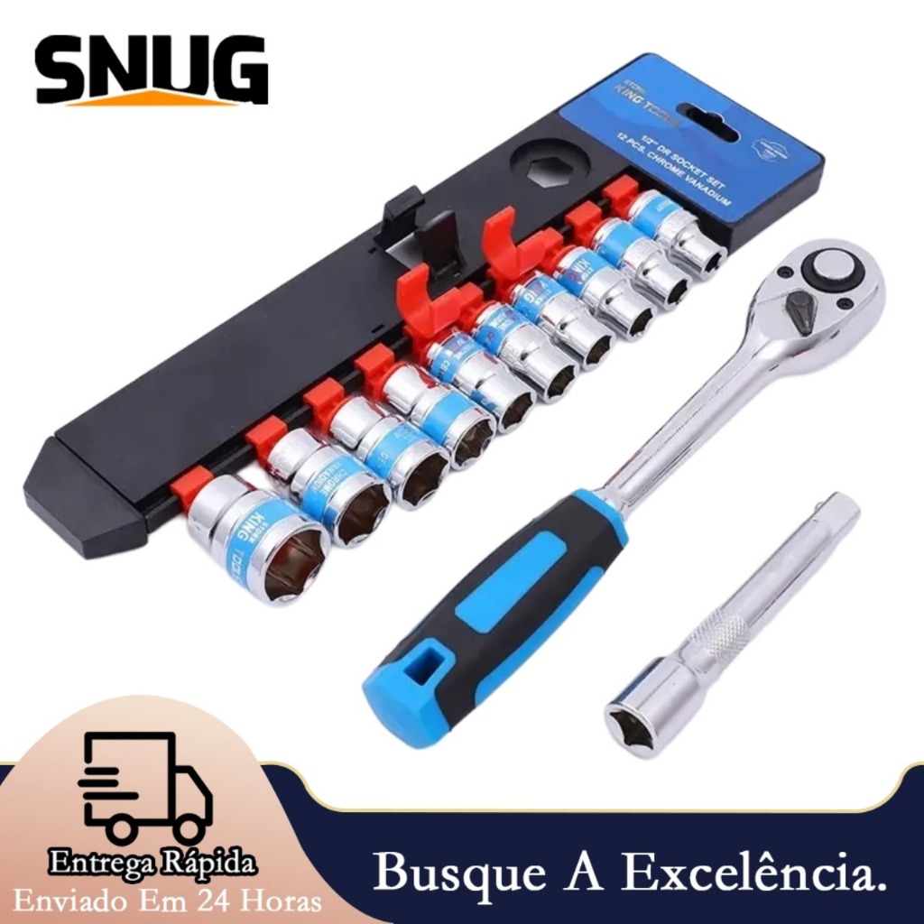 Jogo De Soquete Sextavado 1/2 Catraca 12 Peças 10 a 24mm com Extensão