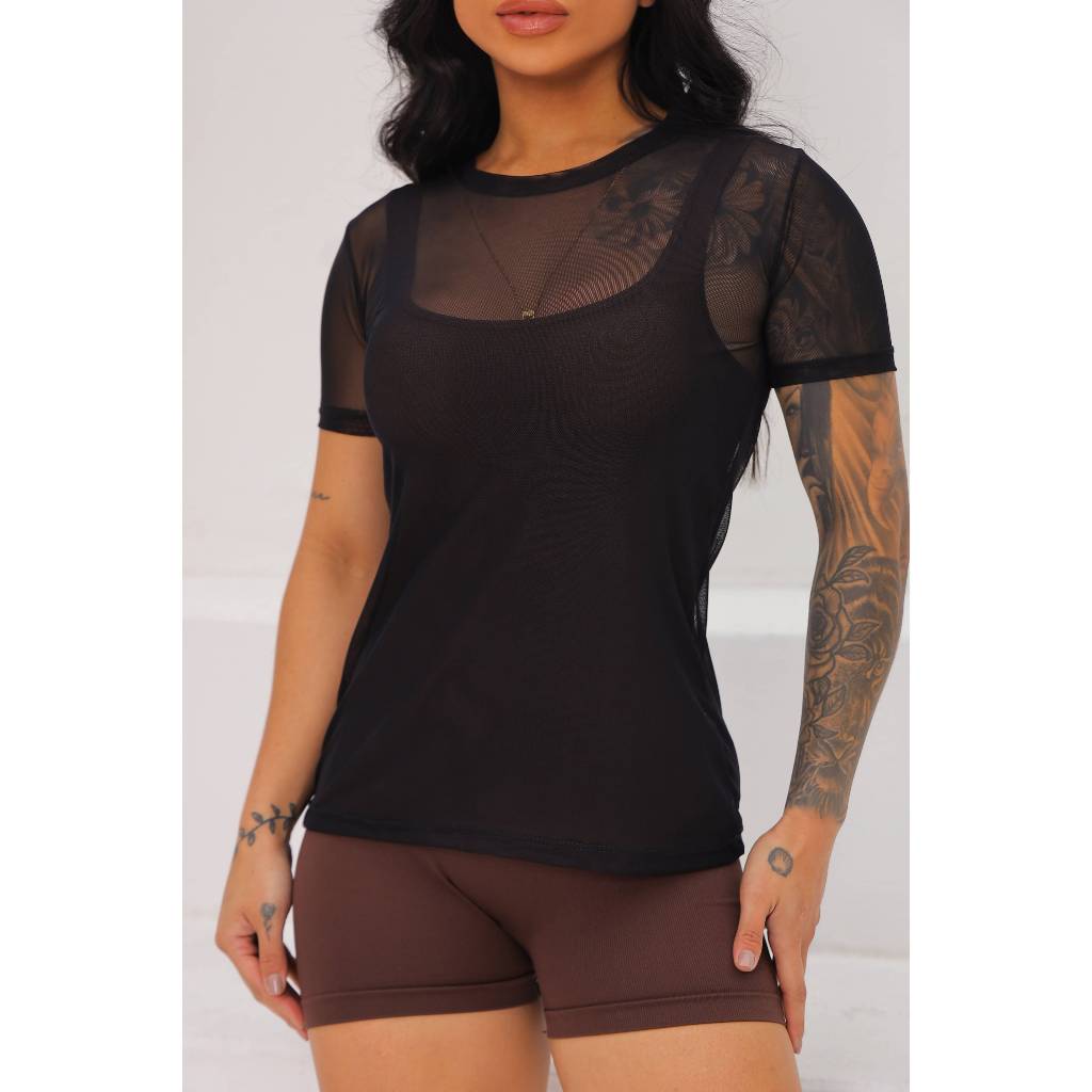 Camiseta Feminina Tule Transparente | Manga Curta Leve Para Academia e Looks Casuais Blusa fitness P,M,G,GG,G1