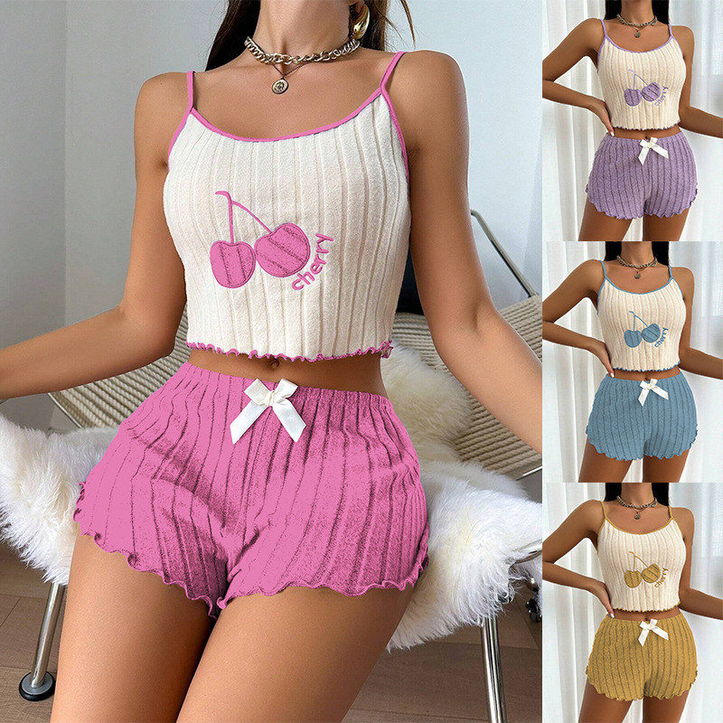 Pijama bordado feminino escovado camisola Shorts terno Loungewear pijama feminino