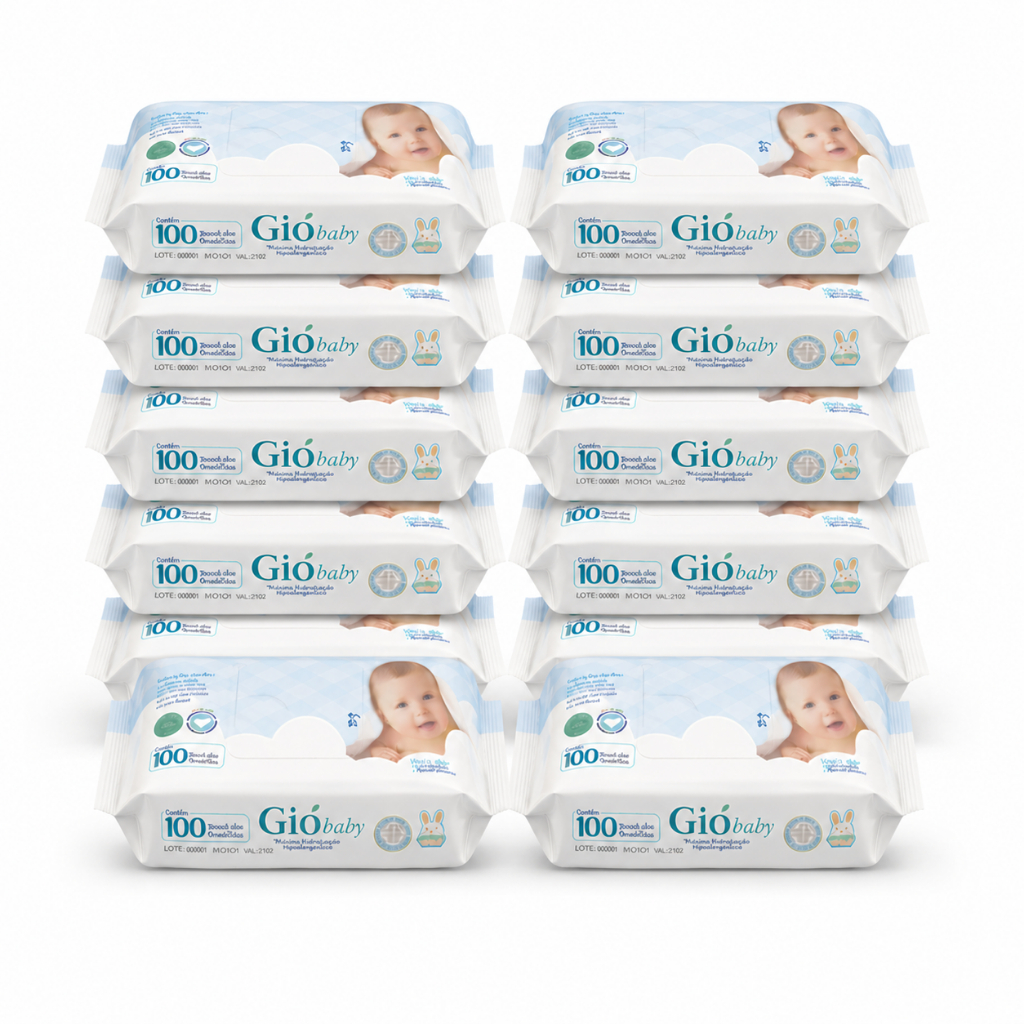 Kit 12 Toalhas Umedecidas GIO BABY 100 Folhas 98% Água Lenço Umedecido