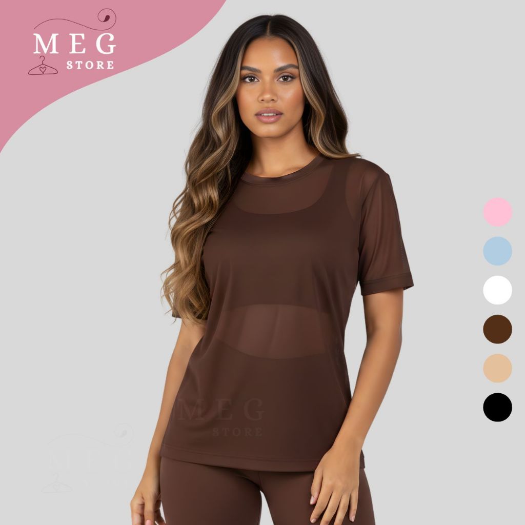 Blusa Feminina de Tule Transparente Manga Curta Camisão de Treino crossfit e Academia Camiseta Esportiva Antissuor