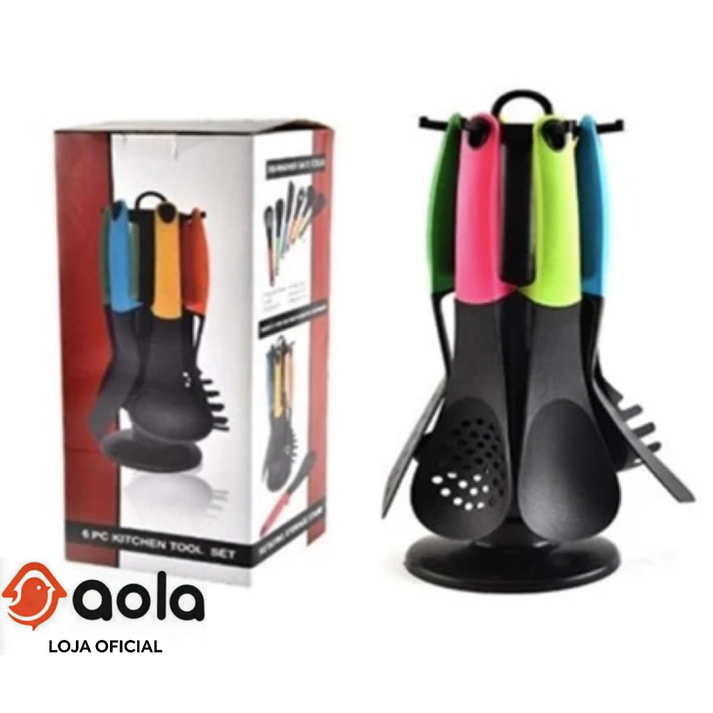 Kit 7 Utensílios Plástico com Silicone Colorido Suporte Giratório Resistente Prático com Variedade