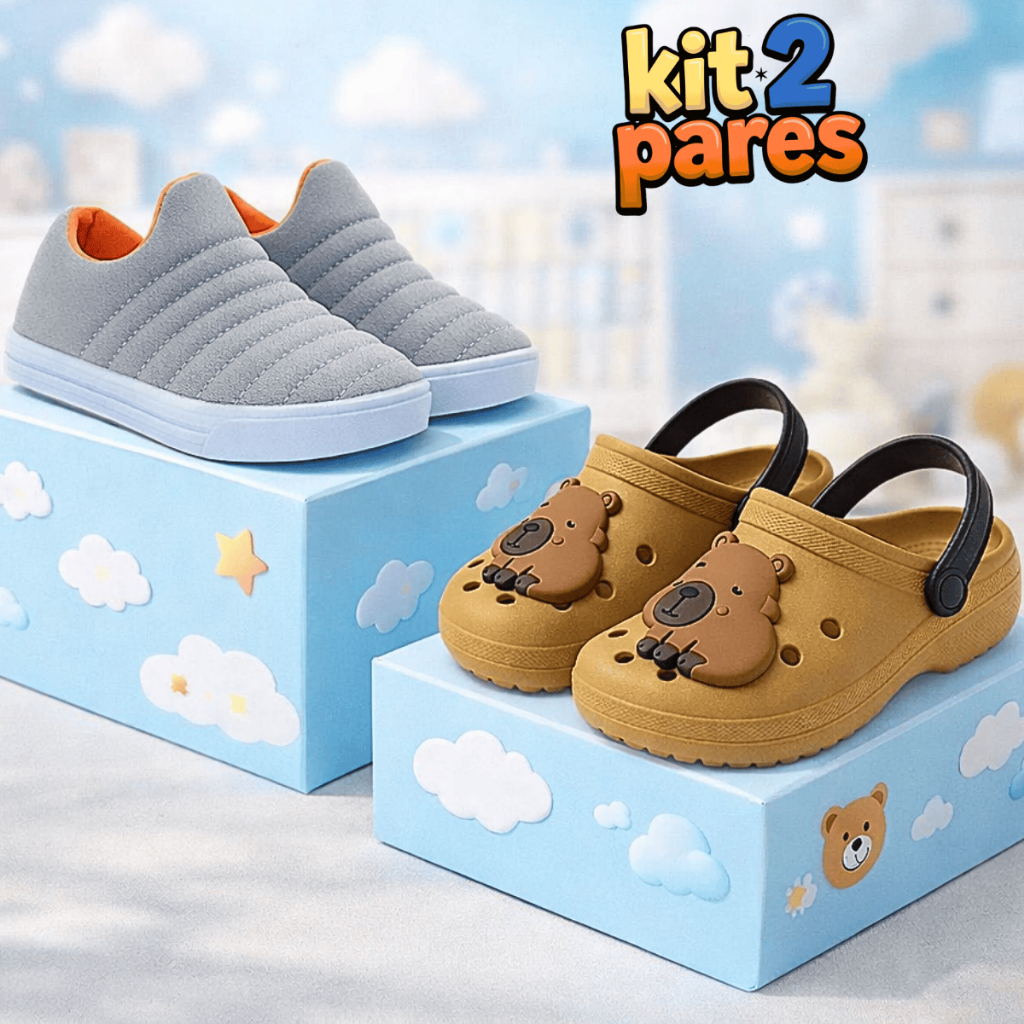 Kit Tênis Infantil Menino Calce Fácil + Sandália Babuche Capivara Leve Macia