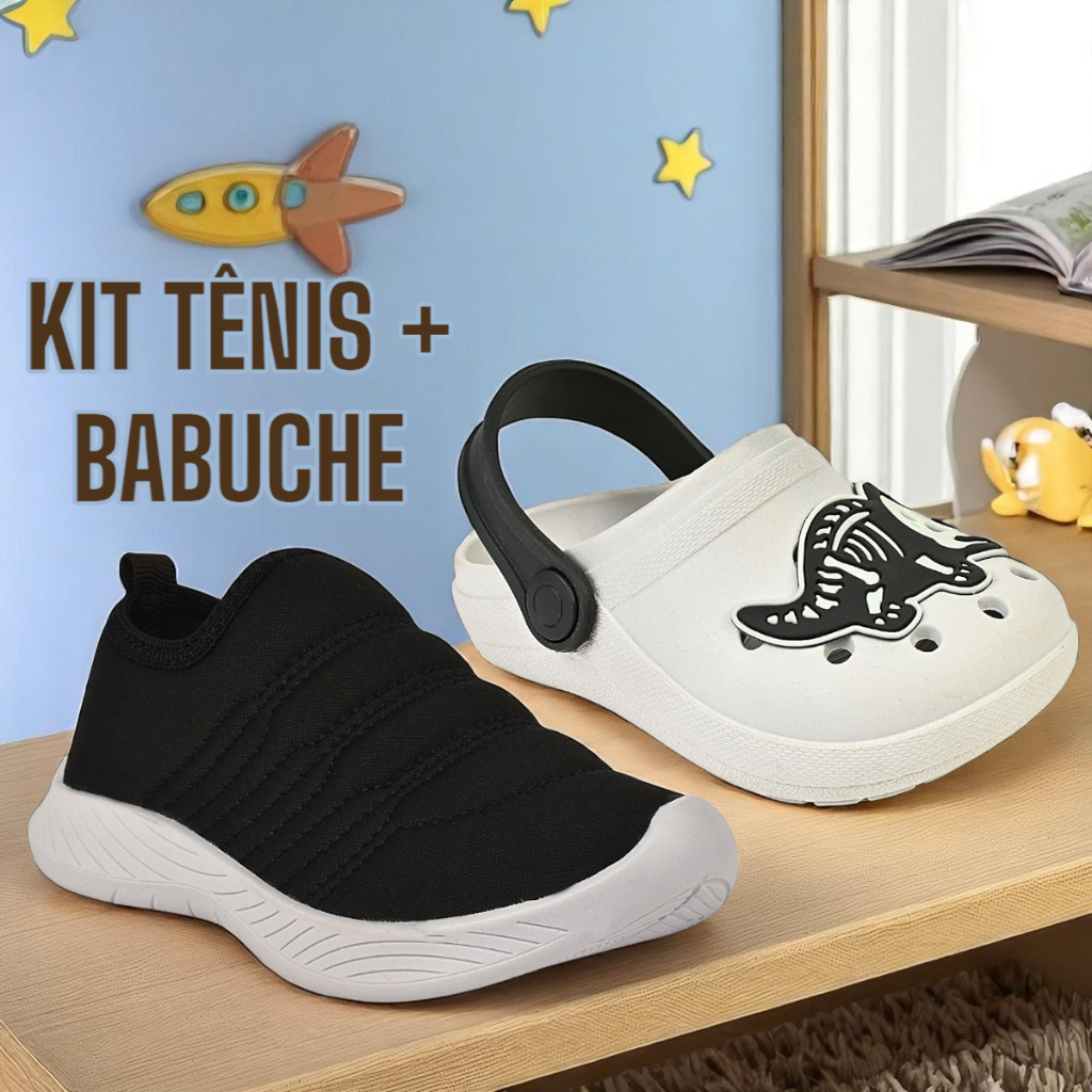 Kit Calce Fácil Infantil Menino Sem Cadarço + Babuche Para Meninos Ultraleve Escolar