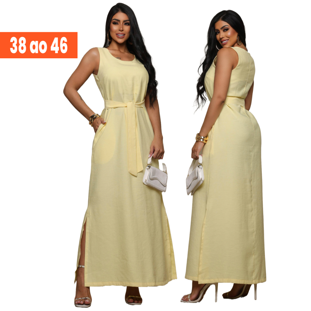 Vestido Longo Feminino Alfaiataria Elegante com Faixa Versátil e Bolsos Funcionais do 38 ao 46