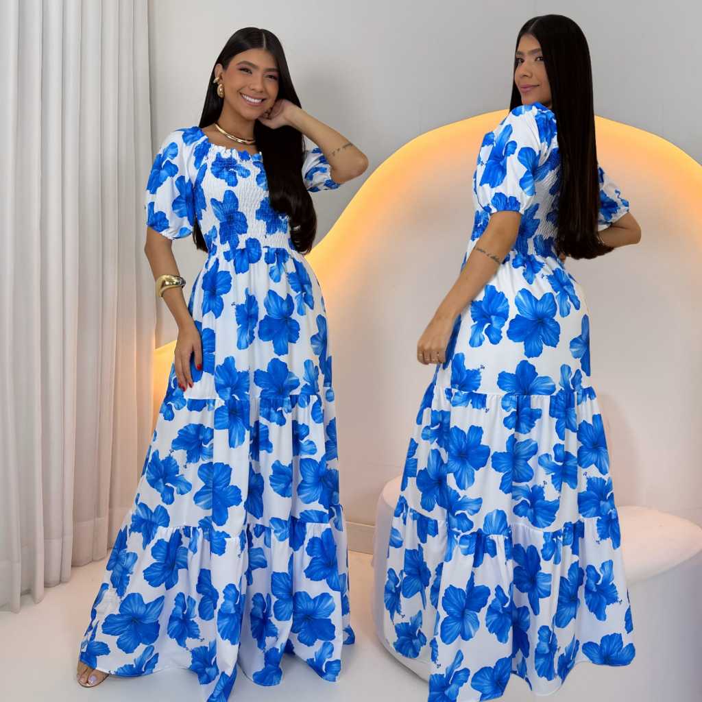 Vestido Longo Feminino Ciganinha Mangas Lastex Floral