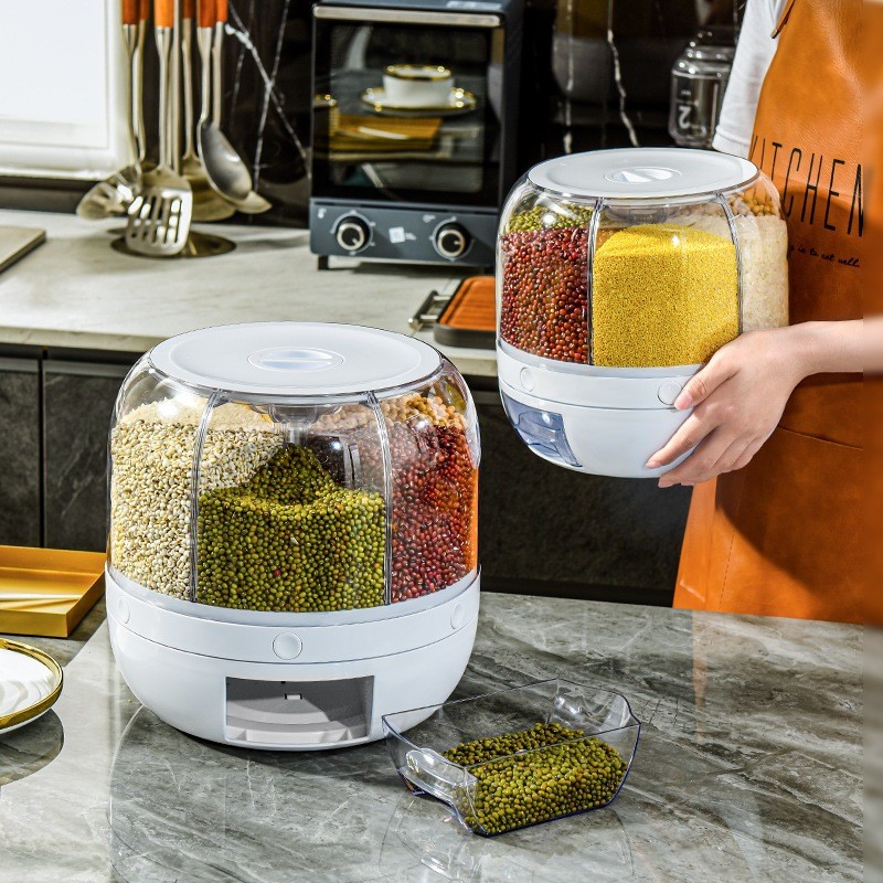 Dispenser de Cereais 6 em 1 Giratório 360° - Organizador de Grãos para Cozinha, Arroz, Feijão