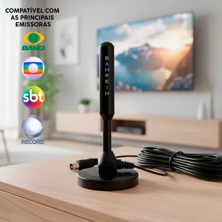 Antena Digital Sinal 4k Smart Tv Interna Externa Amplificador Hdtv Uhf Com Cabo Longo E Base Magnética Bahrein Preto