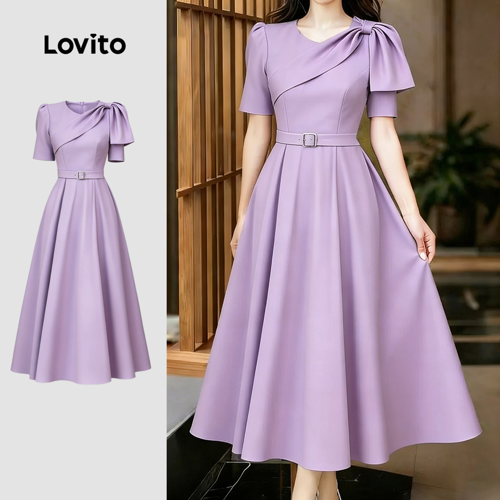 Lovito Vestido Elegante Assimétrico com Cinto Vestido Roxo de Primavera/verão para mulheres LK5EDD433