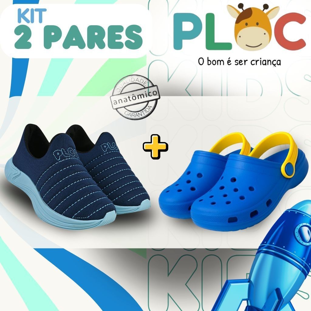 Kit 2 Pares: Tênis Calce Fácil Colors Ploc + Babuche Azul