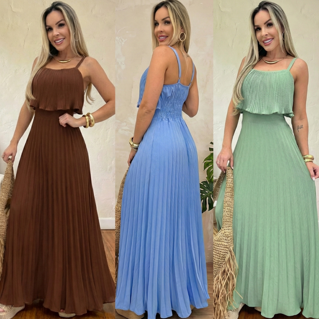 Vestido Longo Plissado Feminino Chic Elegante com Bojo e Alça Regulavel Casual Moda Para Festa Casamento Verde Azul Rosa
