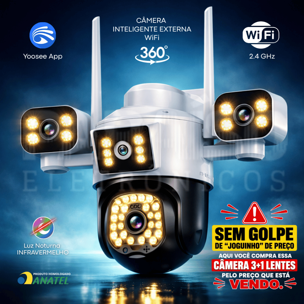 Câmera de Segurança Wi-Fi 360º Inteligente ULTRA HD Infravermelho IP 3+1 Lentes Cor Branca - OFERTA
