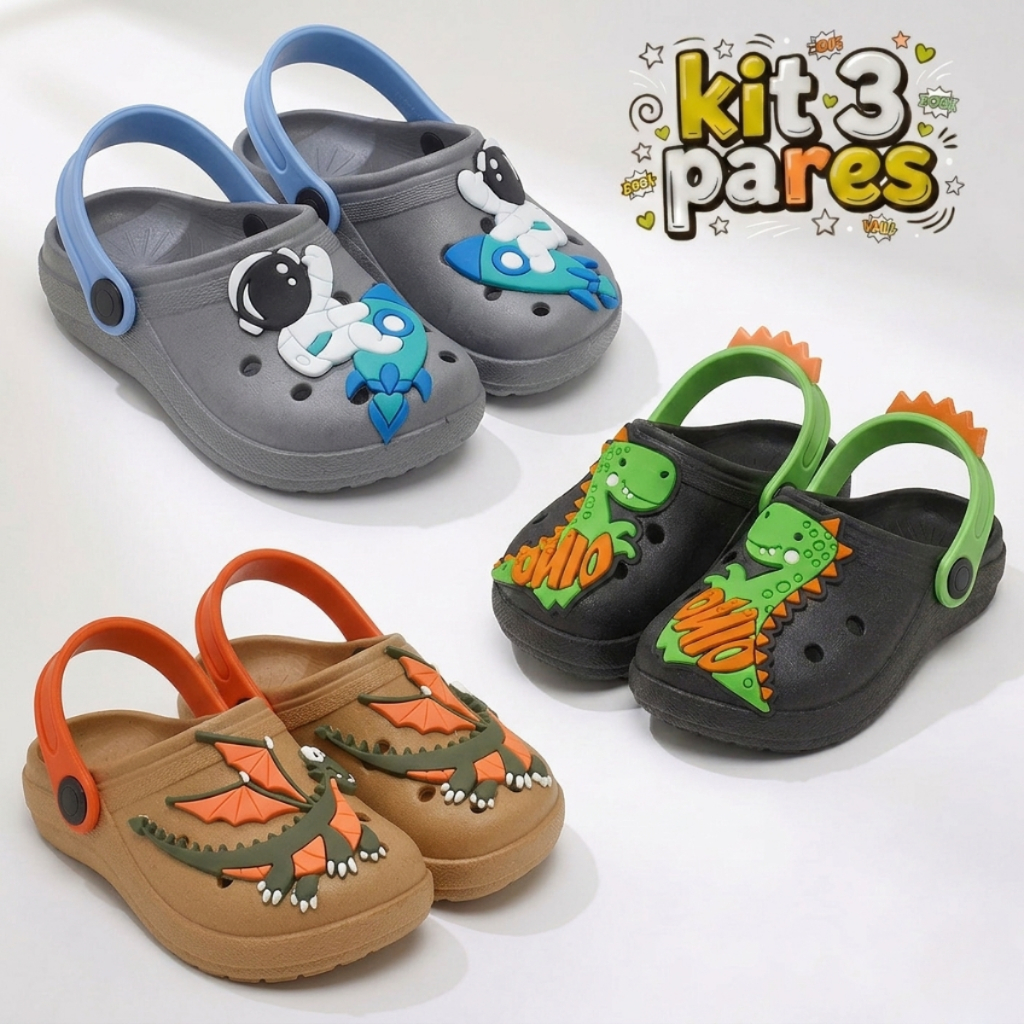 Kit 3 Babuche Infantil Masculino Sandália Menino Verão Leve e Macia