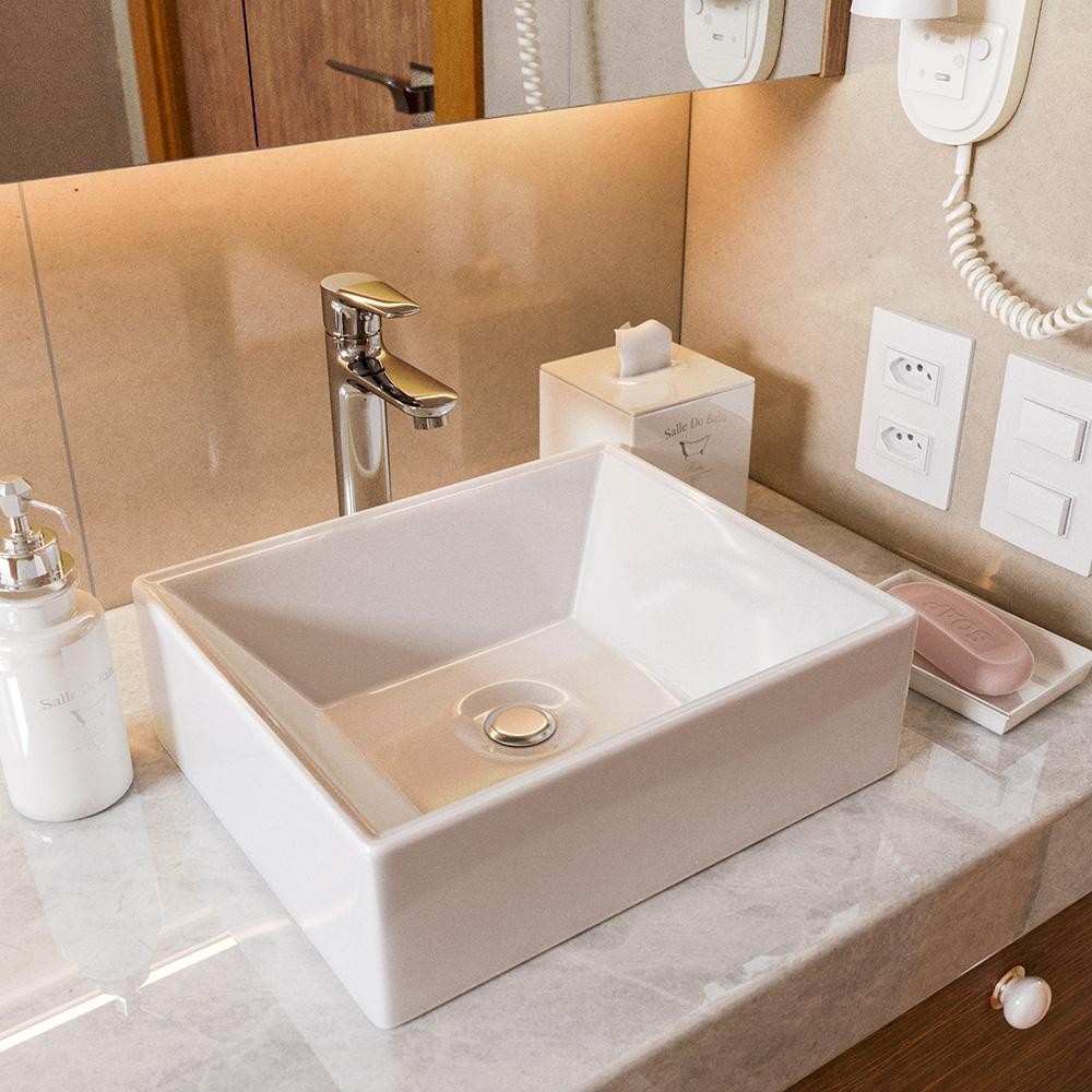 Cuba de Sobrepor Quadrada Esmeralda 30,5x27cm Branco Mármore Sintético para Banheiro/Lavabo Movelove