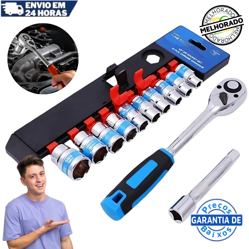 Jogo De Soquete Sextavado 1/2 Catraca 12 Peças 8 a 24mm com Extensão
