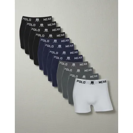 Kit 12 Cuecas Boxer Polo Wear Masculino Microfibra Sortida Branco, Cinza, Preto E Azul Marinho Liso G