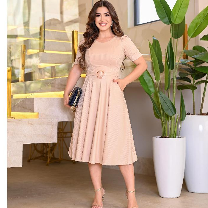 Vestido Rodado Midi Com Bolso e Detalhe na cintura com Argola Moda Evangélica executiva Elegante Festa Culto