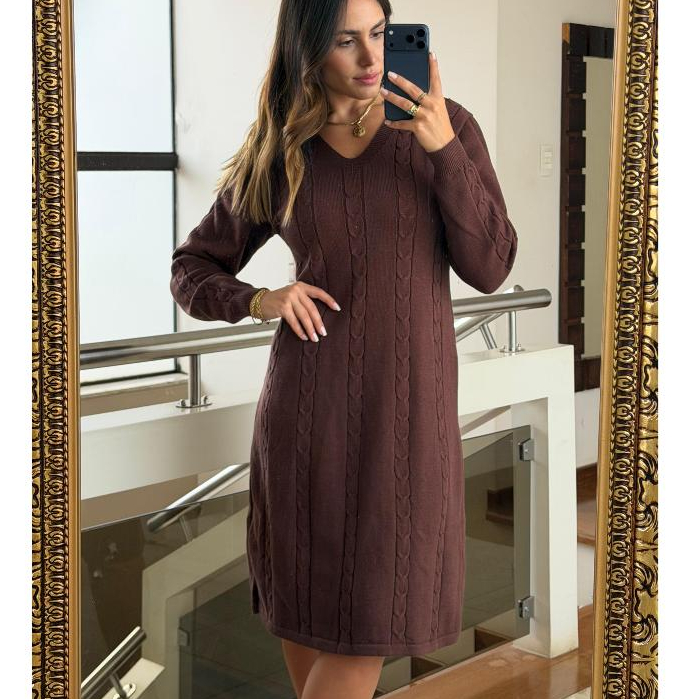 Vestido Feminino Midi Tricot Manga Longa Decote V Soltinho Confortável Elegante Moda Evangélica