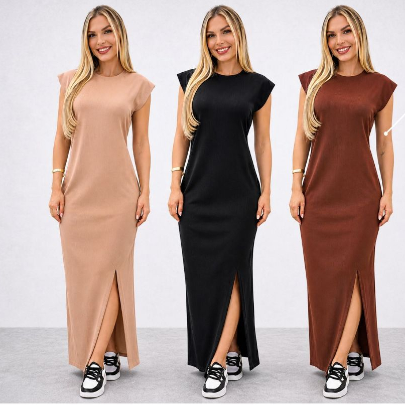 Vestido Longo Casual Basico Feminino Ribana Canelada Manga Muscle Moda Gringa Plus Size