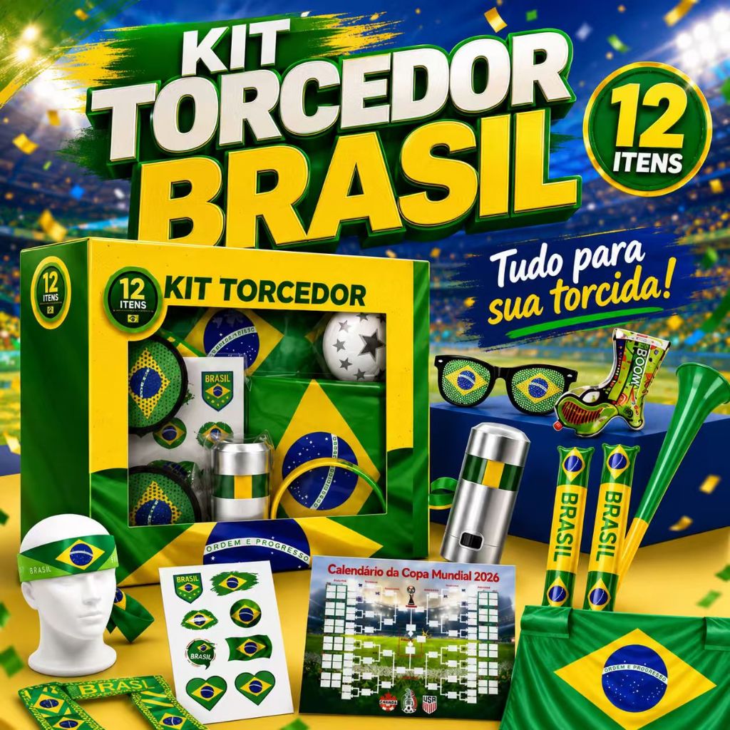 Kit Torcedor Brasil 12 Itens Copa 2026  Festa Futebol Adesivo Corneta Bandeira Oculos Brasil