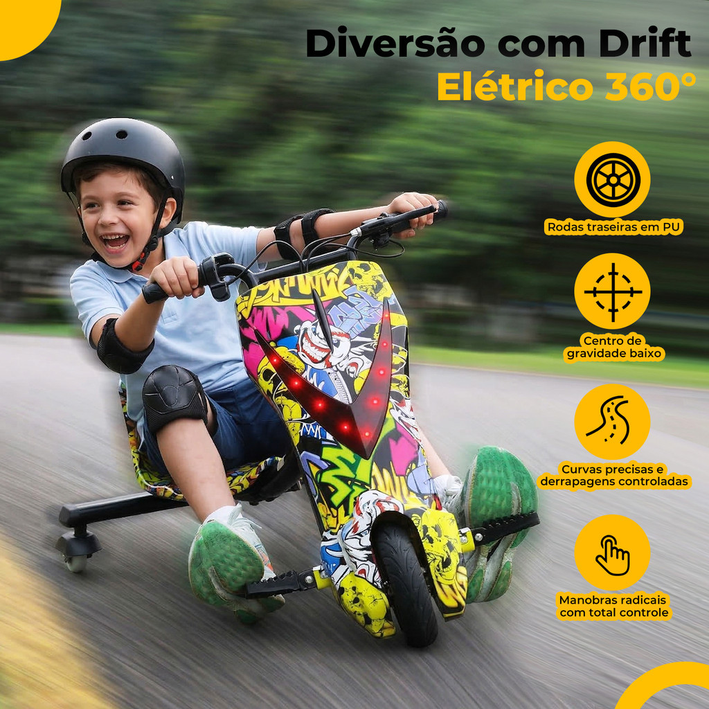 Triciclo Elétrico Drift Infantil LED  8" 350W 3 Velocidades Bluetooth Assento com Amortecedor Proteção Patinete Mol