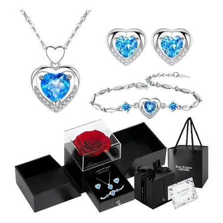 Caixa De Presente Com Colar Feminino De Coração E Rosas, Colar, Pulseira E Brincos Femininos No Formato De Coração Conjunto, Um Presente Para Mulheres No Dia Dos Namorados, Dia Das Mães E Natal. Azul