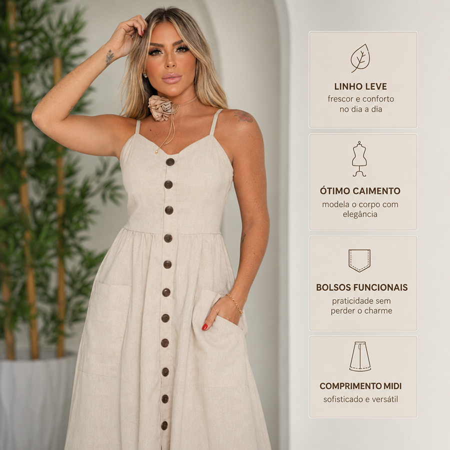 Vestido de linho feminino elegante midi regata bolsos funcionais e botao elegante