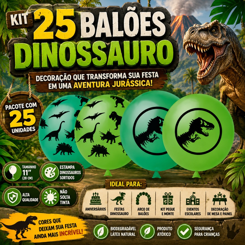 Kit 25 Balões Dinossauro 11 Polegadas Bexiga Festa Jurassic Aniversário Infantil Decoração Verde