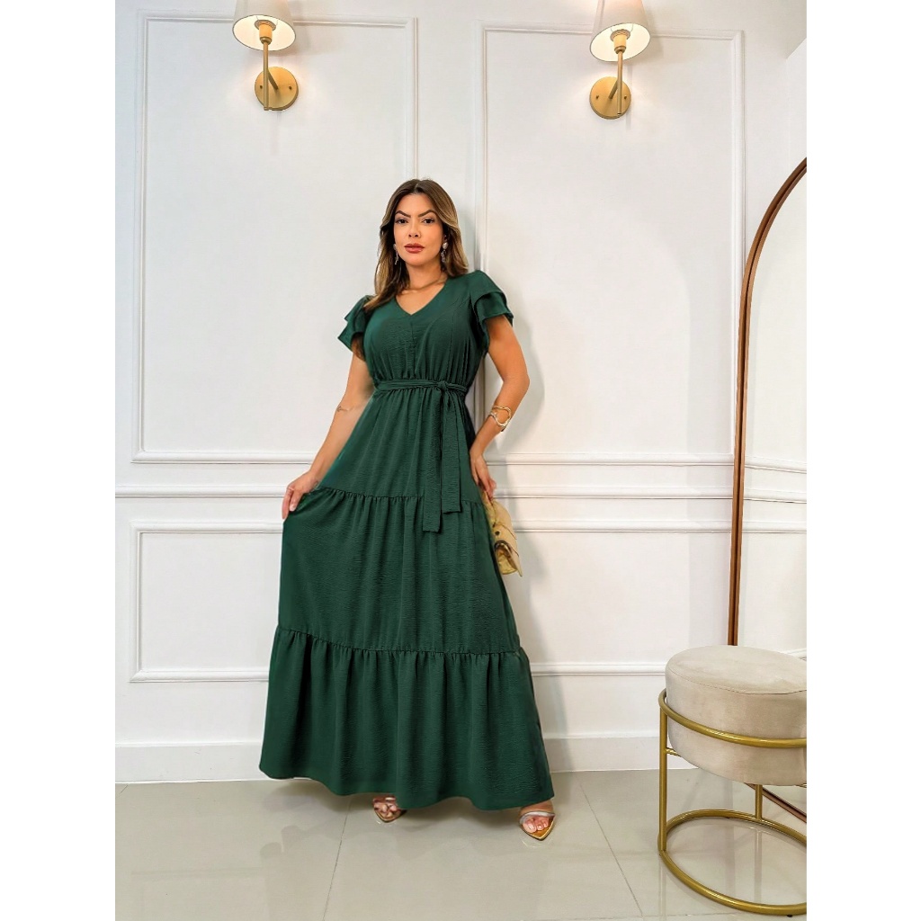 Vestido Longo Três Marias Manga Curta Com Badado Decote V Com Cinto Moda Feminina Evangélica Festa cod. 101cinto