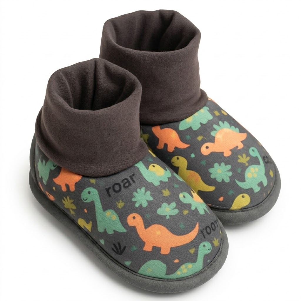 Pantufa Botinha Infantil Macia Estampa de Dinossauro Passeio Confortável e Leve