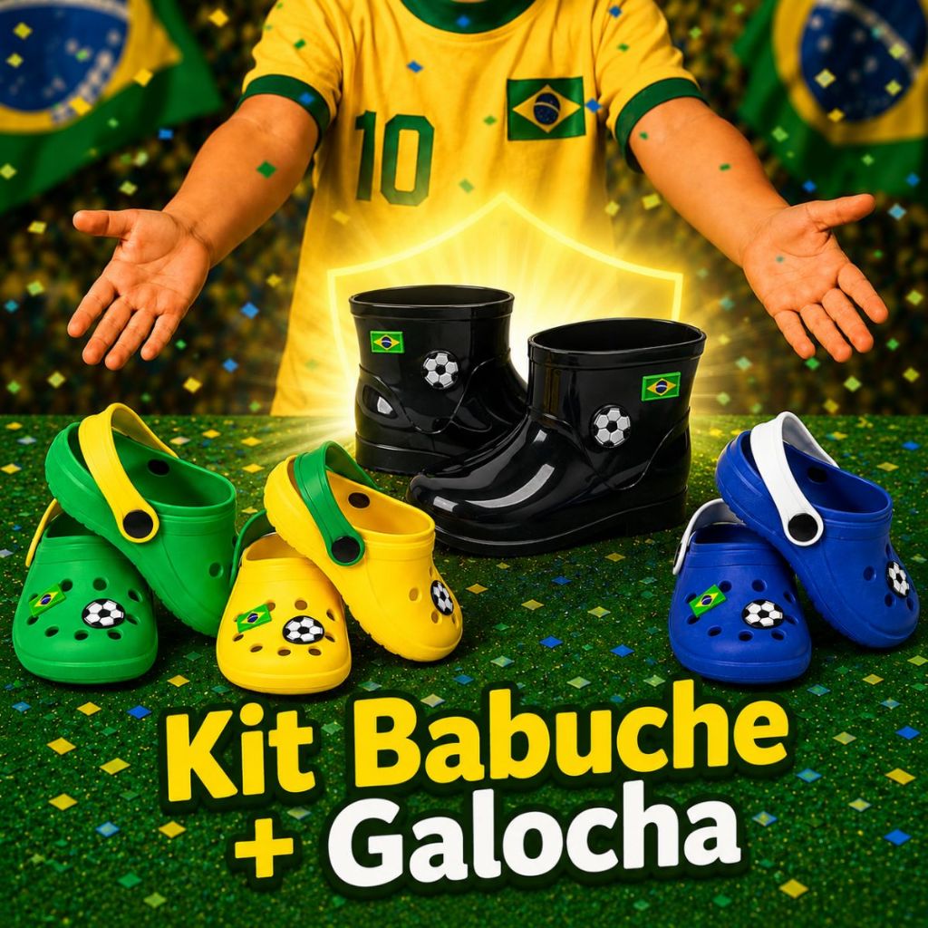 Kit Galocha + Sandália Babuche Copa Do Mundo Infantil Criança Torcida Brasil Brandeira Promoção