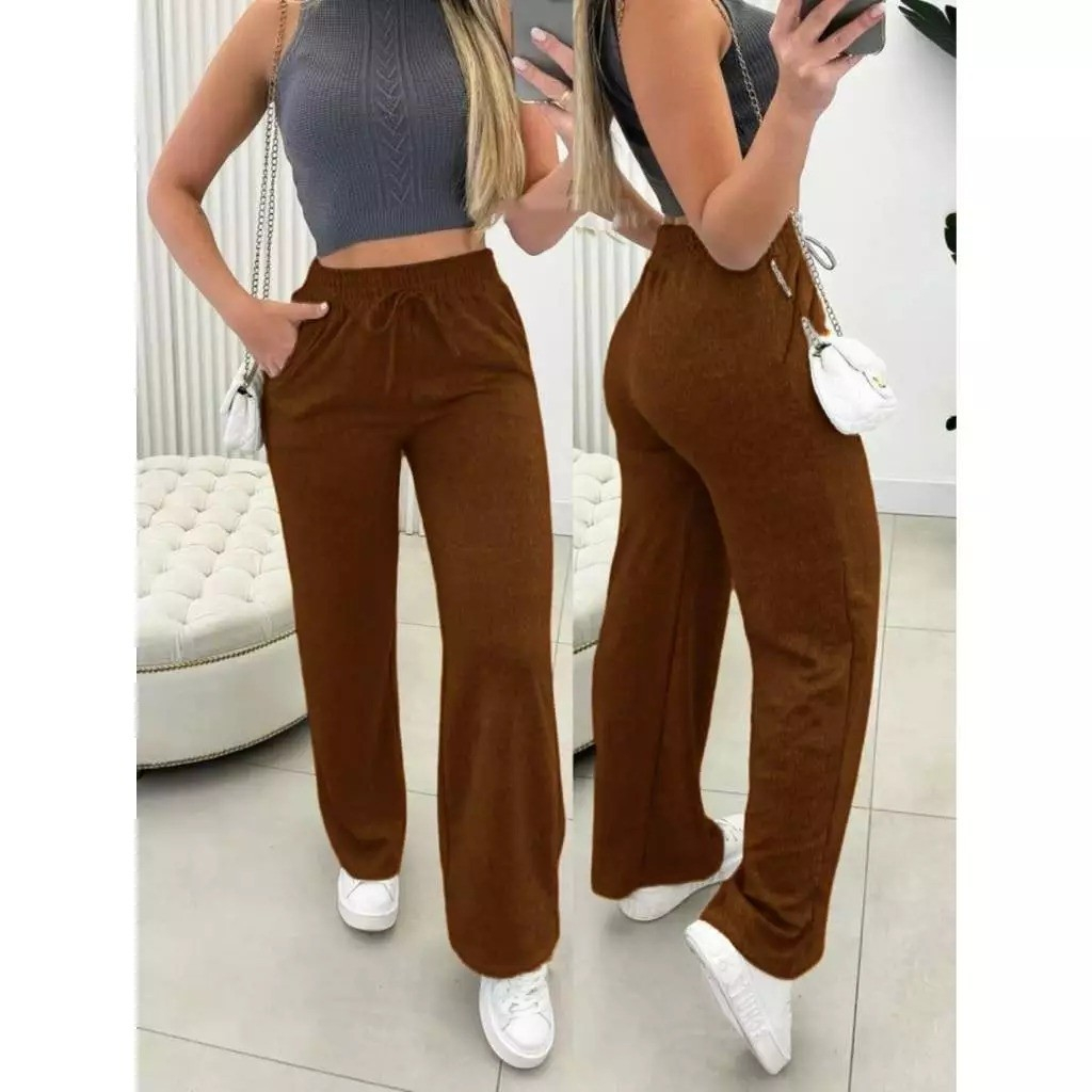 Calça Pantalona Lanzinha Feminina Cintura Alta Com Elastico De e Bolso Outono / Inverno Promoção