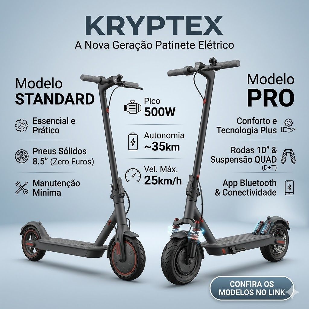 KRYPTEX Patinete Elétrico 500W 10" Pneu Cheio Duplo Amortecedor 35km App Bluetooth Dobrável