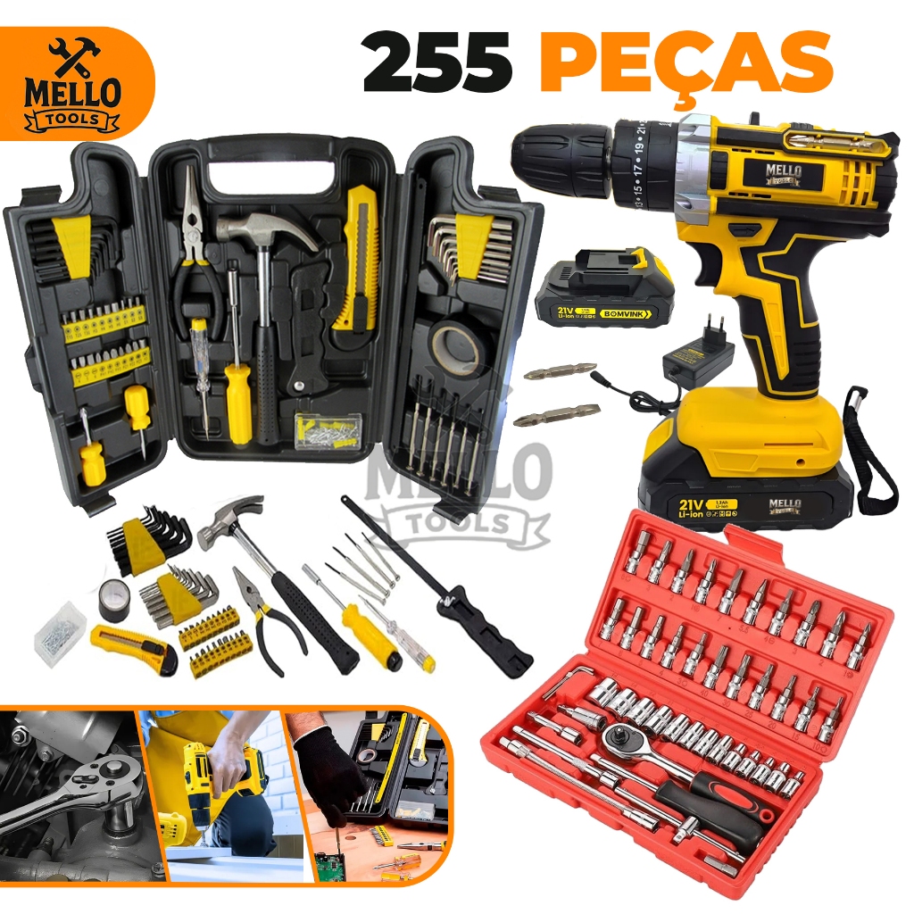 Jogo Kit Ferramentas 255 Peças com Parafusadeira/Furadeira 21V Sem Fio + Jogo de Soquete e Maleta Completa Profissional