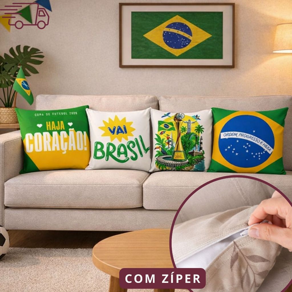 Kit 04 Capas para Almofadas Decorativa 45x45cm Estampa Digital Decoração Brasil Copa do Mundo