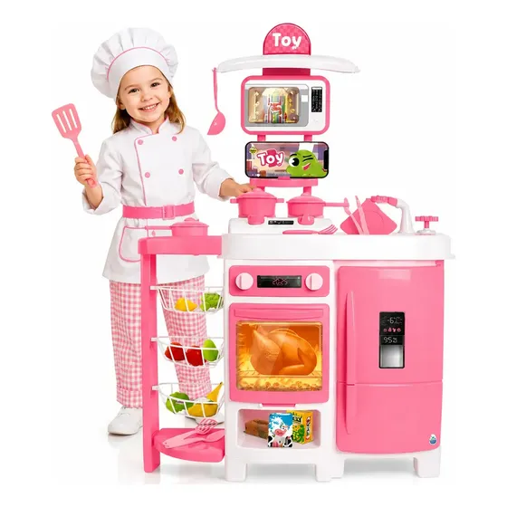 Cozinha Infantil Grande Completa Sai Agua De Verdade 92cm Com Fruteira Geladeira E Acessorios