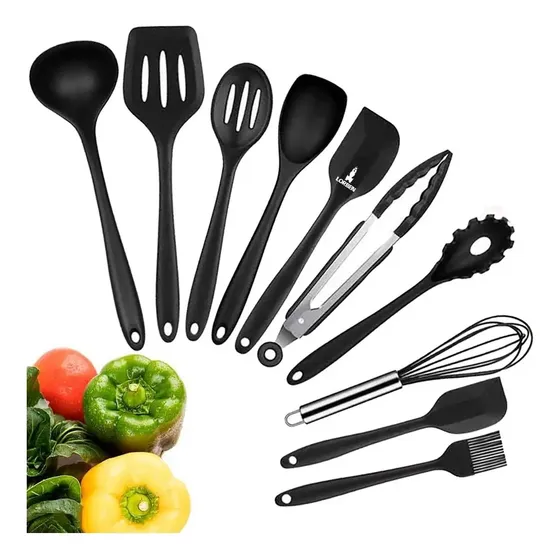 Kit Utensílios Cozinha Silicone Antiaderente 10 Peças Resistente ao Calor Confortável - cor Preto - Marca Lorben