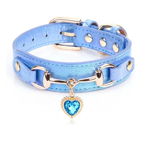 Coleira Para Cachorro Couro Com Strass Coração Azul Xs S M