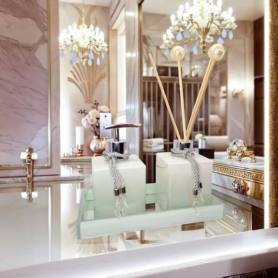 Kit Lavabo Vidro Branco Brilho 3pçs Decoração Clean Luxo